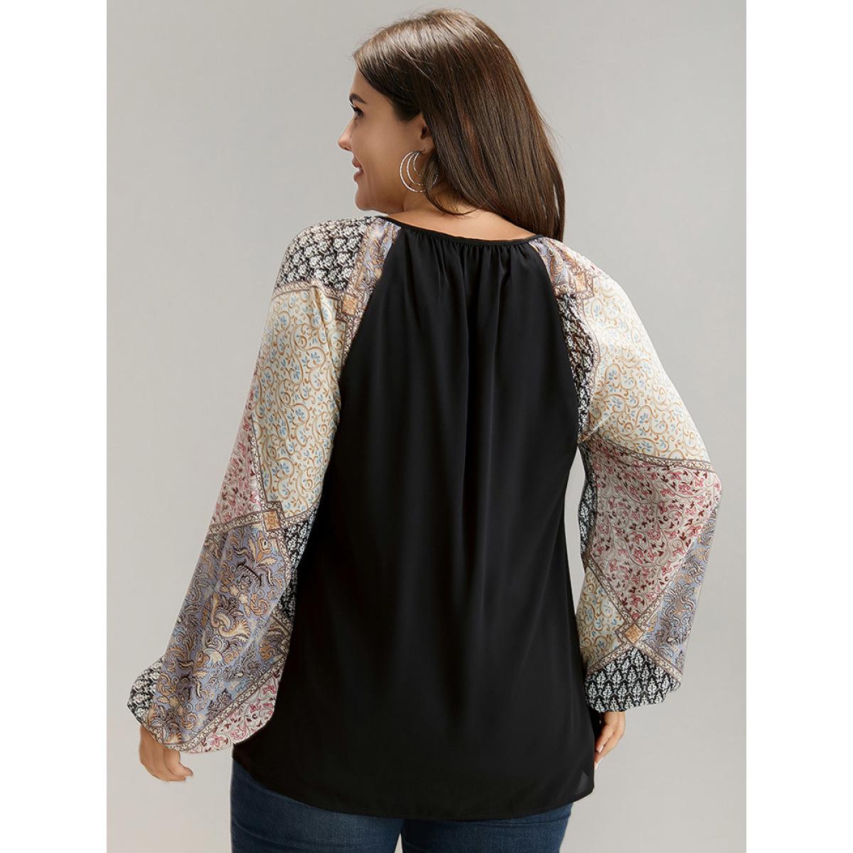Plus Size Black Bandana Patchwork Twill Contrast Lantern Sleeve Blouse Women Elegant Long Sleeve V-neck Dailywear Blouses BloomChic 28/5X Product Image