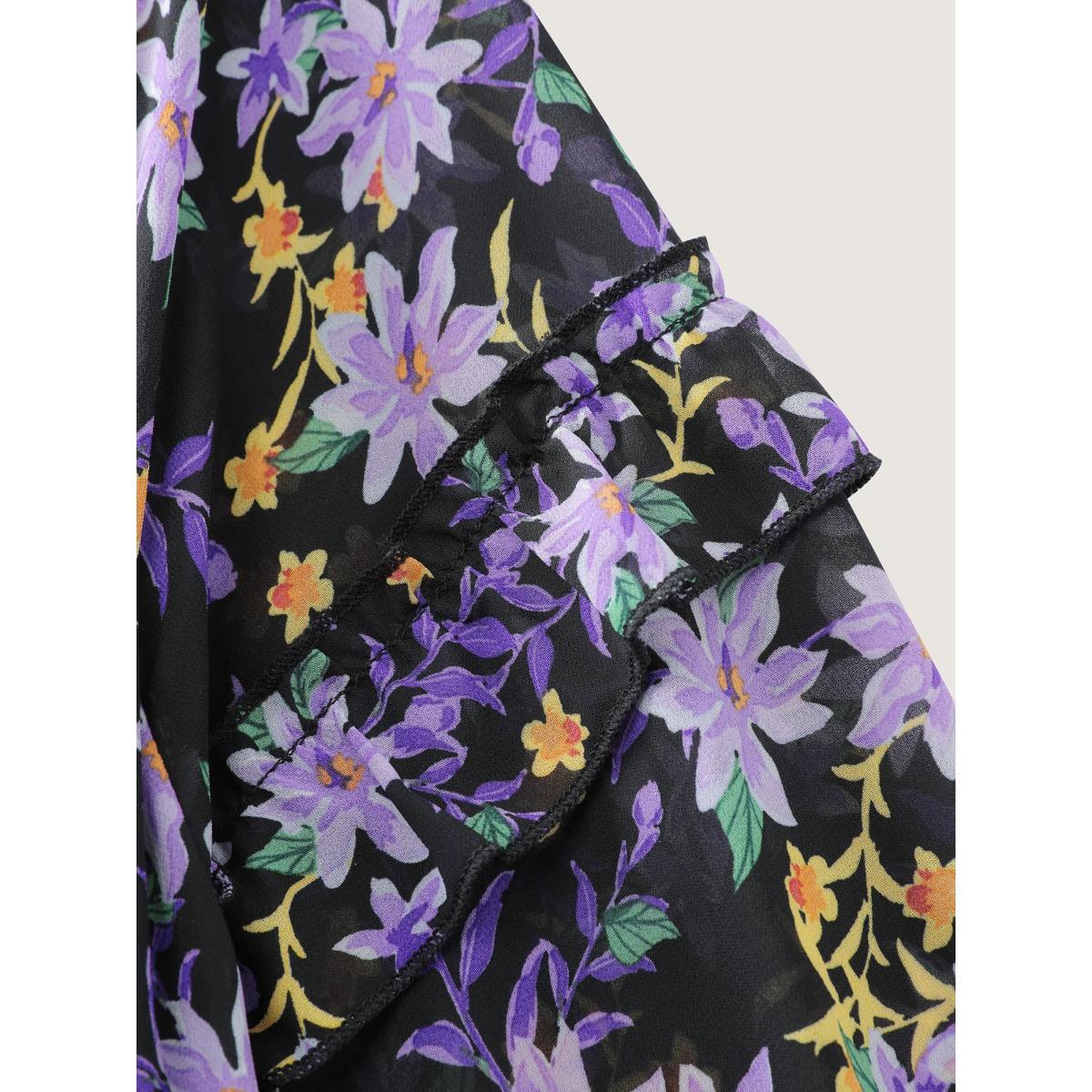 Plus Size Chiffon Floral Print Ruffled Midi Dress Black Women Timeless Tie knot Flat collar with V-notch Long Sleeve Curvy BloomChic 26/4X Product Image