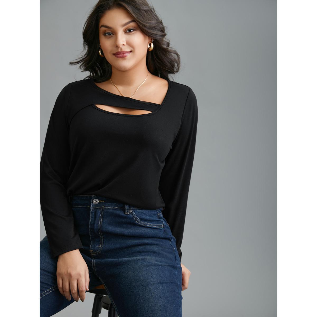 Plus Size Asymmetrical Neckline Long Sleeve T-shirt Black Women Casual Cut-Out Asymmetrical Neck Everyday T-shirts BloomChic 18-20/2X Product Image
