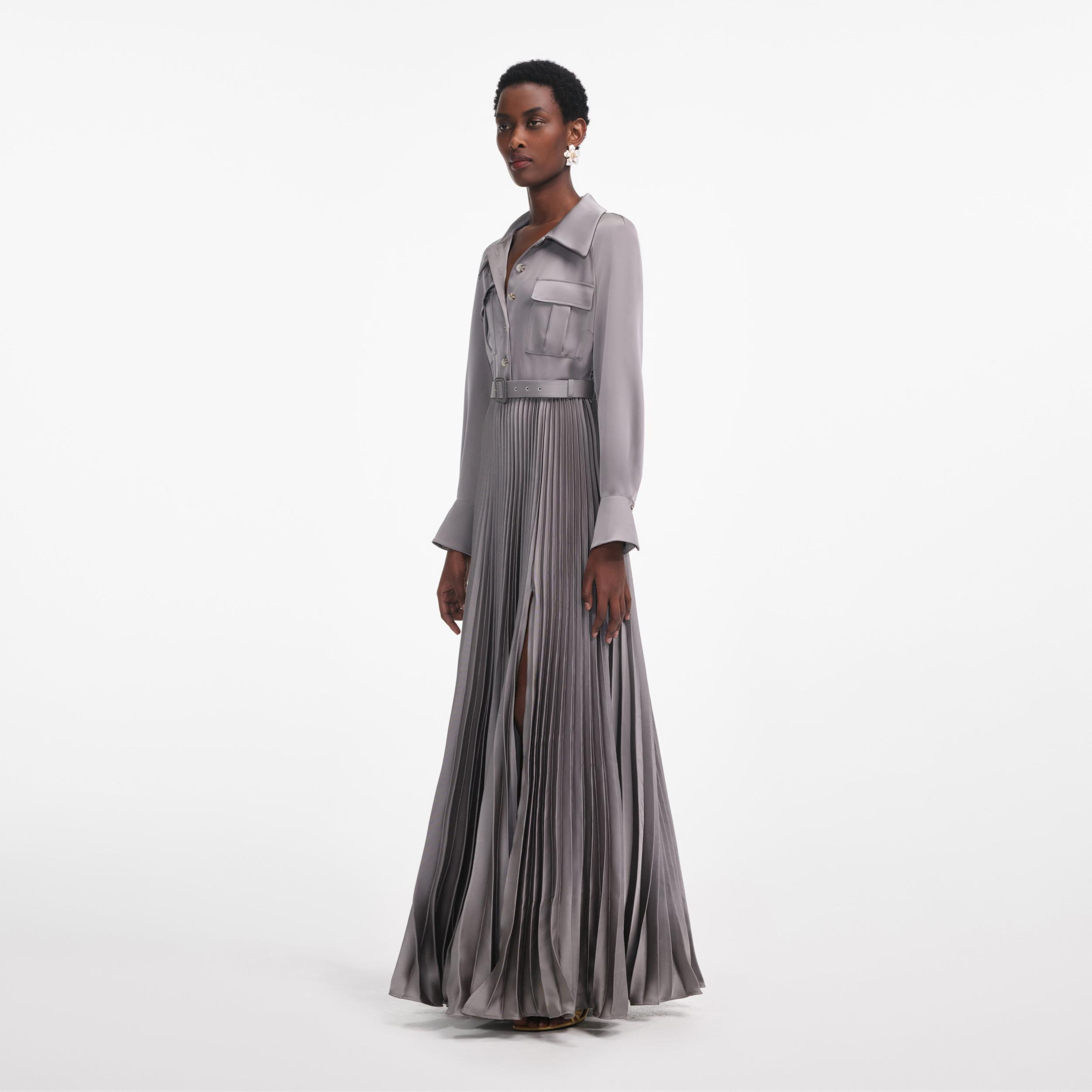 Grey Satin Pleated Maxi Dress Product Image