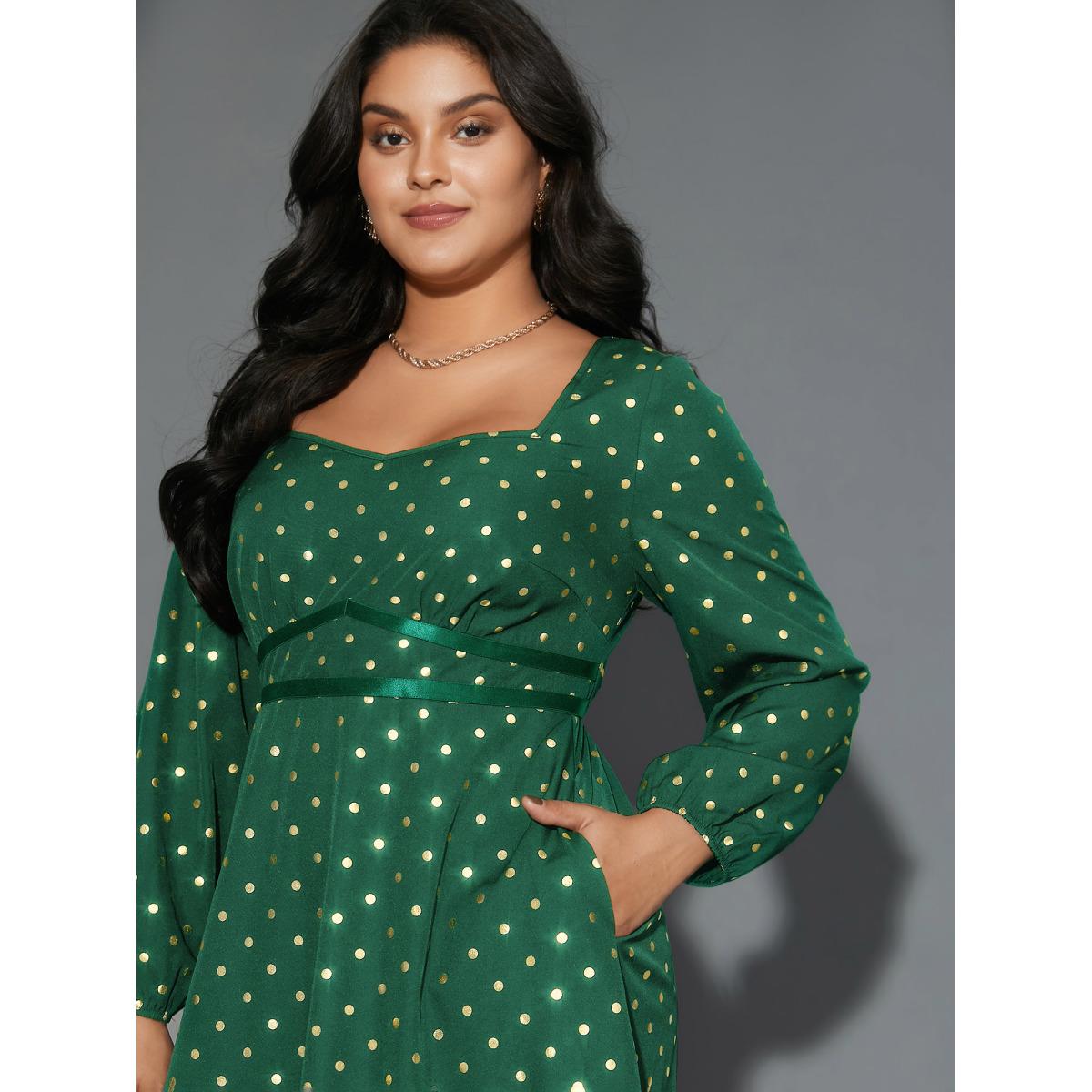 Plus Size Glitter Polka Dot Heart Neckline Dress Emerald Women Cocktail Woven ribbon&lace trim Party Curvy Bloomchic 26/4X Product Image