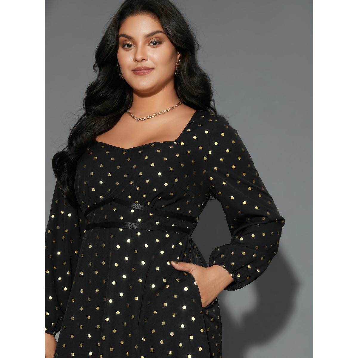 Plus Size Glitter Polka Dot Heart Neckline Dress Black Women Cocktail Woven ribbon&lace trim Party Curvy Bloomchic 22-24/3X Product Image