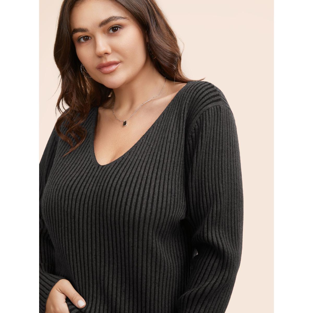 Plus Size Essentials Texture V Neck Pullover DimGray Women Leisure Skinny Long Sleeve V-neck Casual Pullovers BloomChic 22-24/3X Product Image
