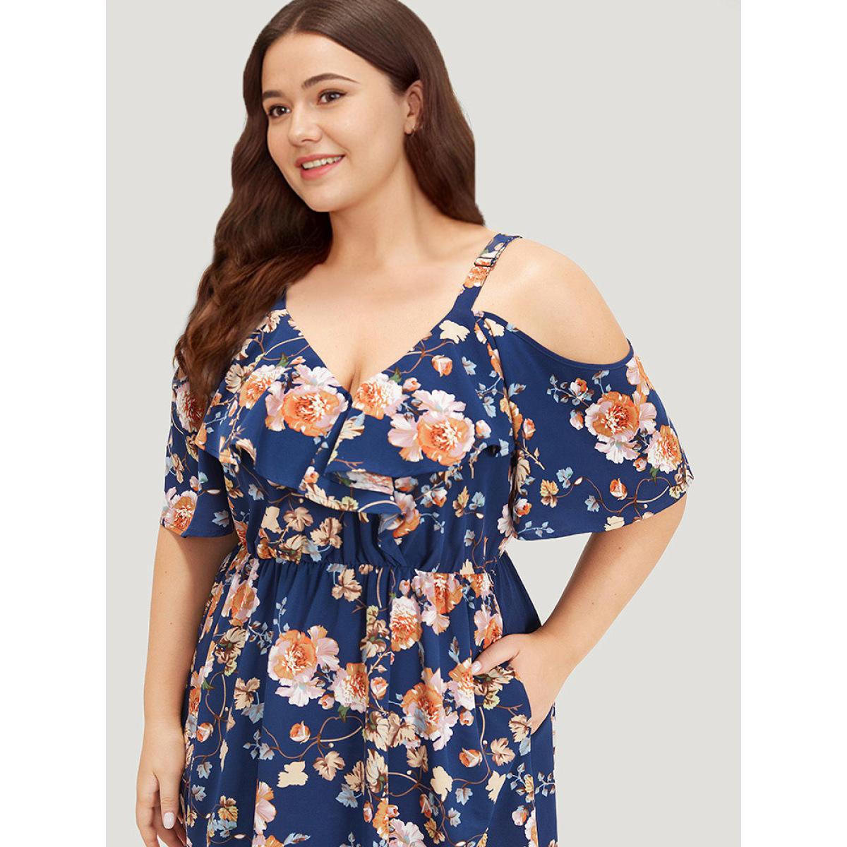 Plus Size Floral Print Ruffle Trim Elastic Waist Cold Shoulder Dress Indigo Women Elegant Adjustable Straps V-neck Short sleeve Curvy Midi Dress BloomChic 28/5X Product Image