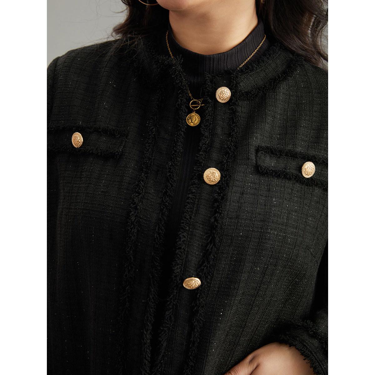 Plus Size Fuzzy Trim Pocket Metal Button Fly Jacket Women Black Casual Plain Ladies Everyday Winter Coats BloomChic 26/4X Product Image