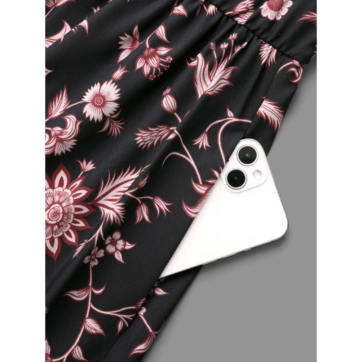 Plus Size Floral Elastic Waist V-Neck Midi Dress BlackFlower Women Resort Non V-neck Long Sleeve Curvy BloomChic 30/6X Product Image