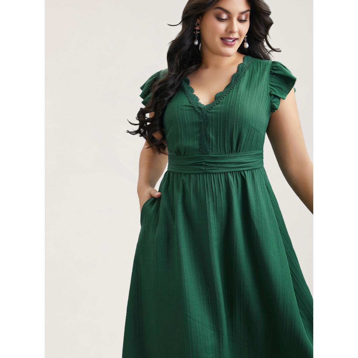 Plus Size Lace Trim Stitch Textured Waist-Defined Midi Dress Emerald Women Timeless Woven ribbon&lace trim V-neck Cap Sleeve Curvy BloomChic 14-16/1X Product Image