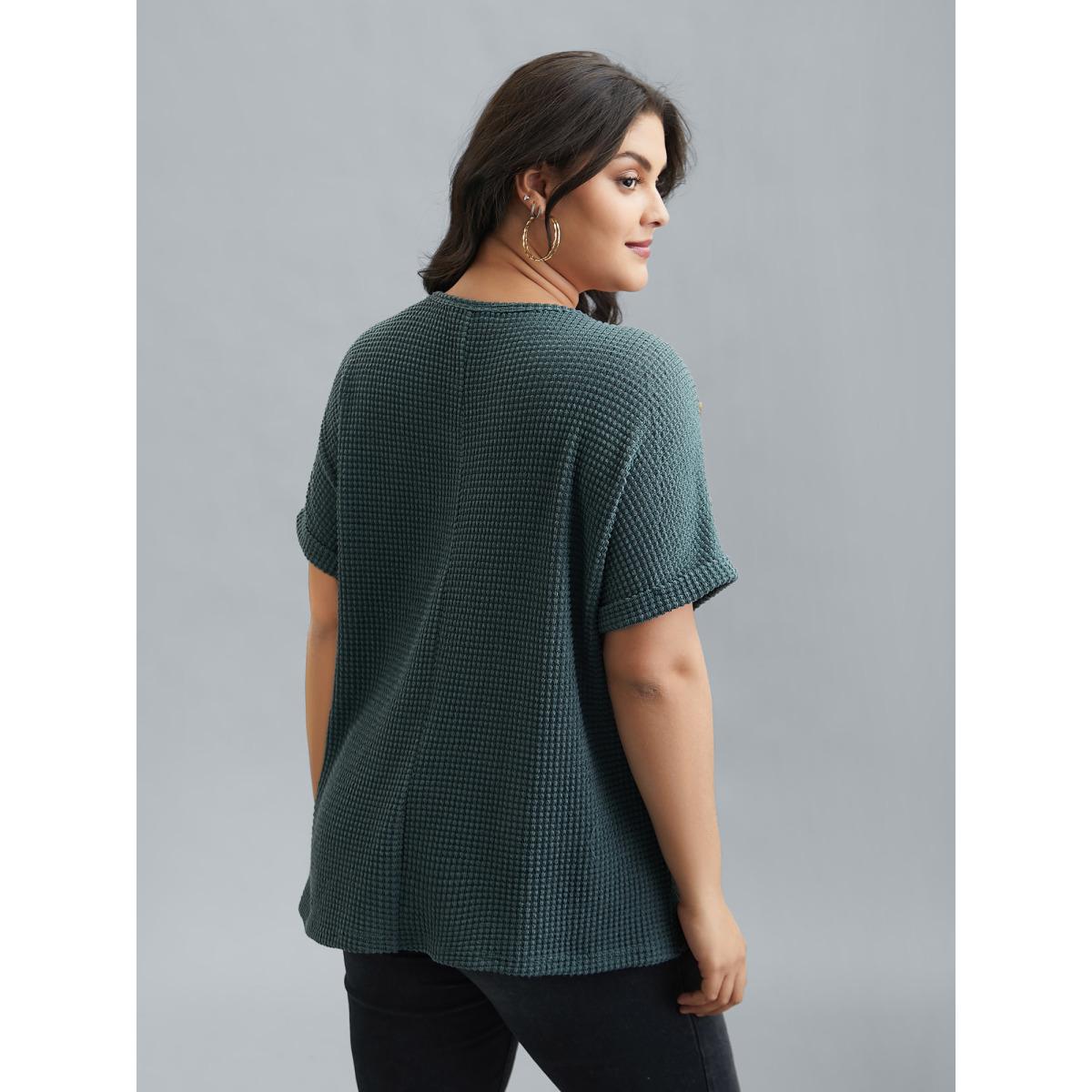 Plus Size Stretchy Buttons Fitted Waffle Knit T-Shirt Teal Women Casual Texture V-neck Everyday T-shirts BloomChic 30/6X Product Image