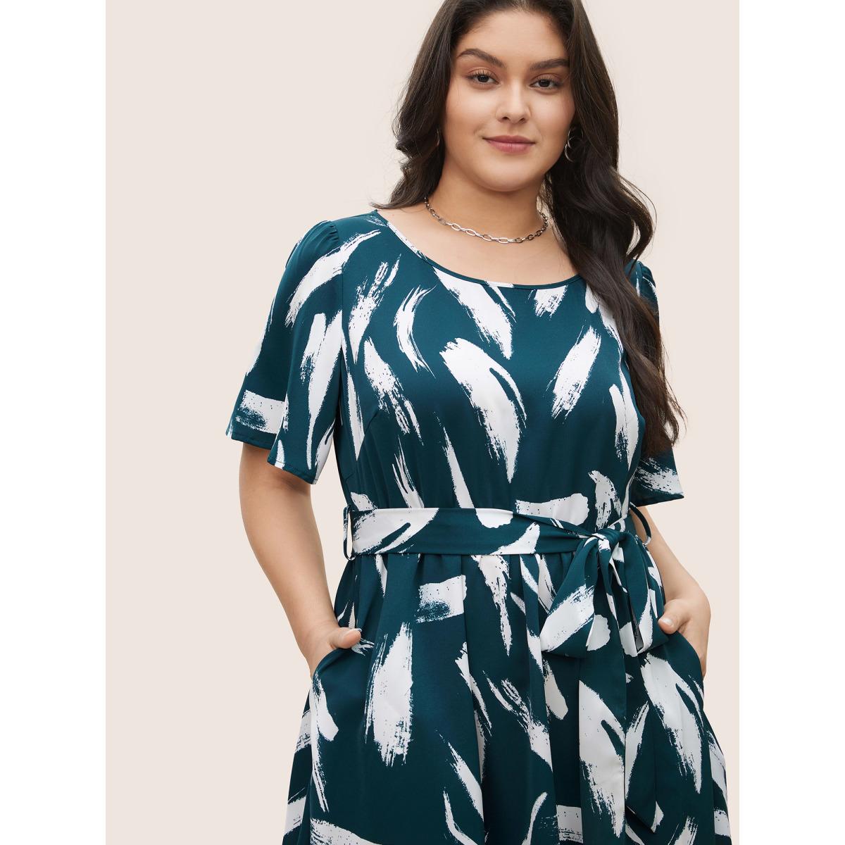 Plus Size Brush Print Belted Pocket Elastic Waist Dress DarkSlateGray Women At the Office Non Round Neck Short sleeve Curvy Midi Dress BloomChic 12/L Product Image