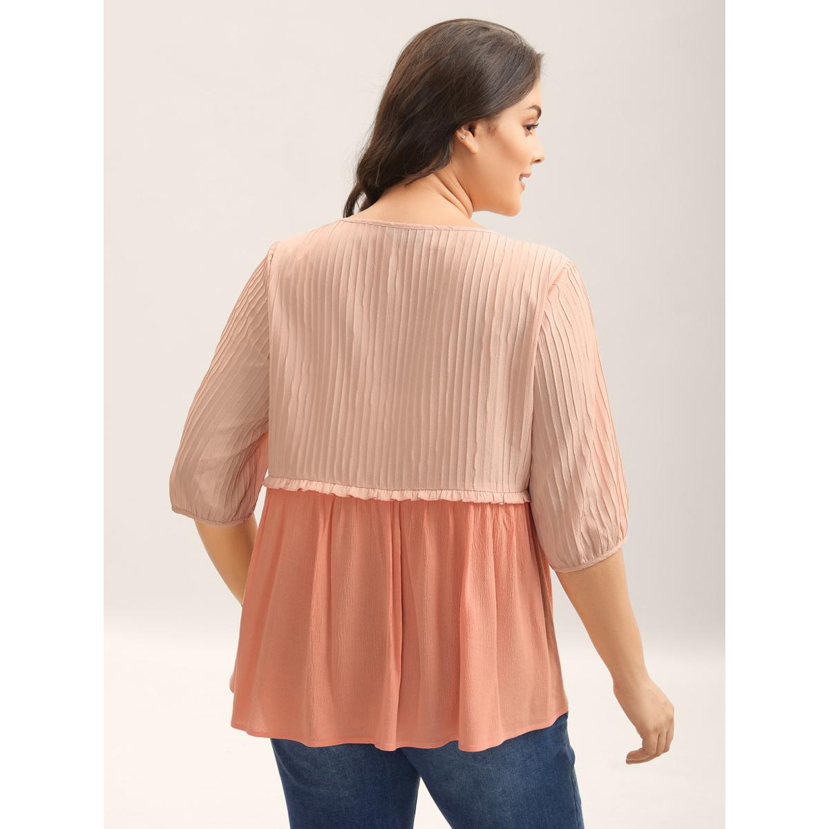 Plus Size Coral Pleated Layered Sheer Puff Sleeve Blouse Women Elbow-length sleeve V-neck Everyday-Casual Blouses BloomChic 26/4X Product Image