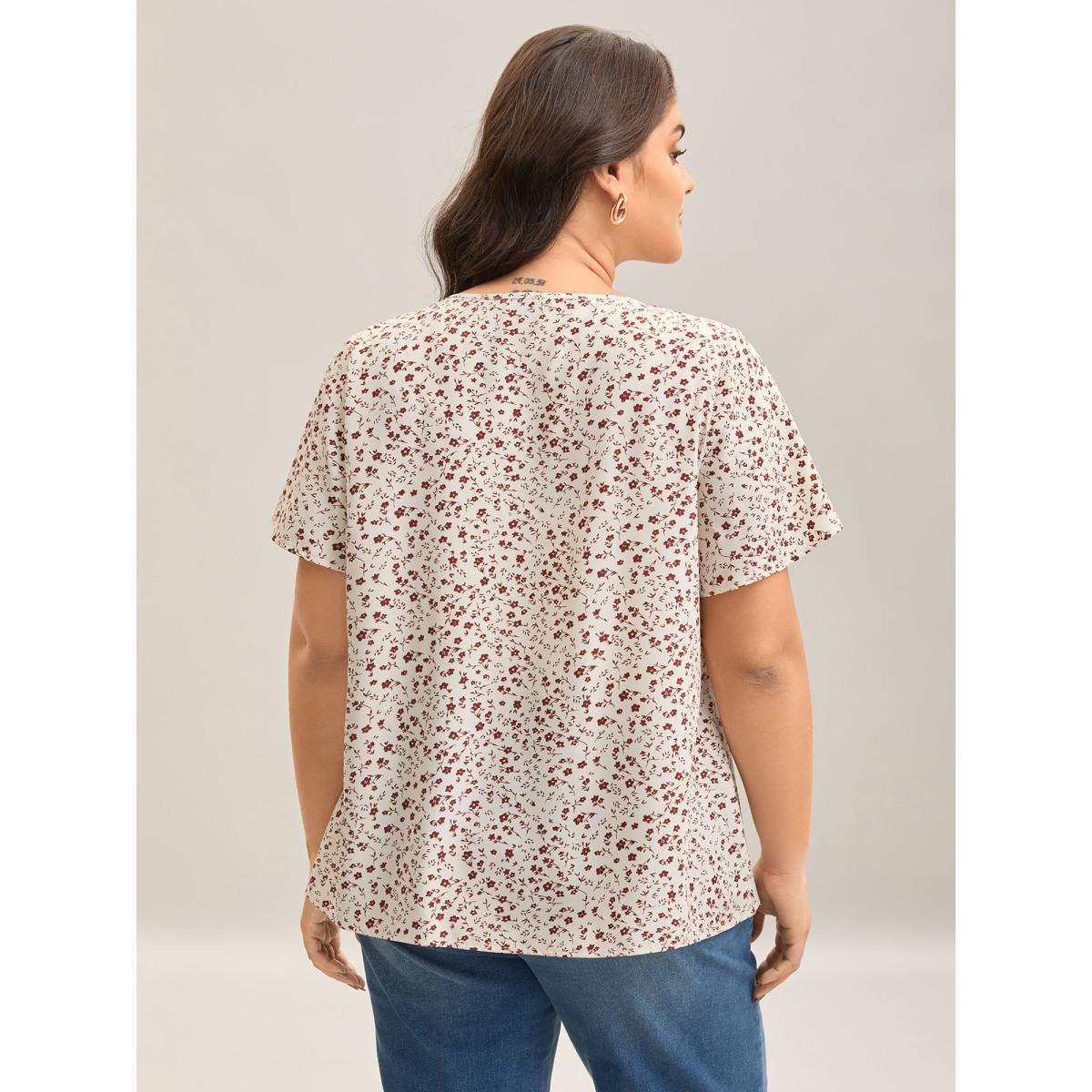 Plus Size Beige Ditsy Floral Print Lotus Leaf Sleeve Shirt Women Timeless Short sleeve Round Neck Elegant Blouses BloomChic 22-24/3X Product Image