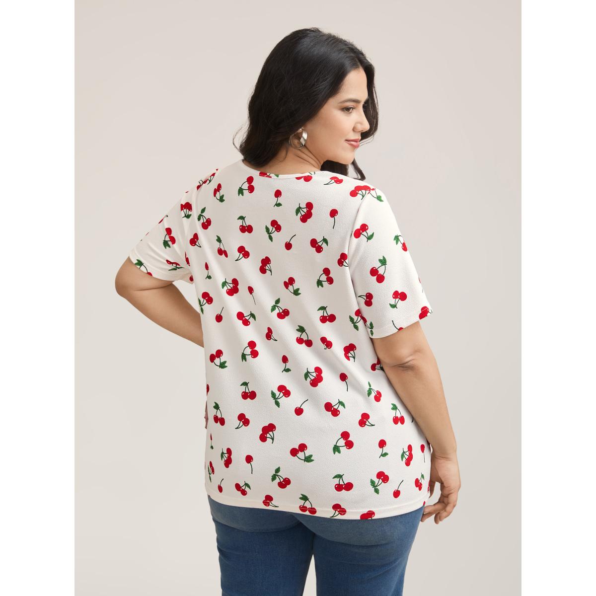 Plus Size Cherry Print Stretchy V-Neck T-Shirt WhiteSmoke Women Casual Non Fruit V-neck Everyday T-shirts BloomChic 28/5X Product Image