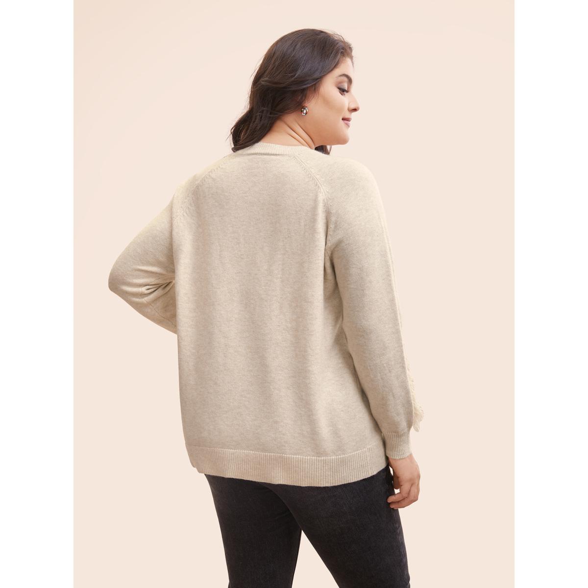 Plus Size V Neck Raglan Sleeve Fuzzy Trim Pullover Apricot Women Casual Long Sleeve V-neck Everyday Pullovers BloomChic 26/4X Product Image