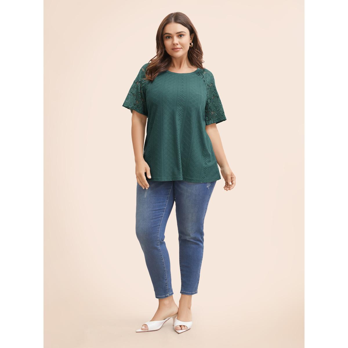 Plus Size Solid Broderie Anglaise Lace Raglan Sleeve T-shirt Cyan Women Elegant See through Plain Round Neck Everyday T-shirts BloomChic 18-20/2X Product Image