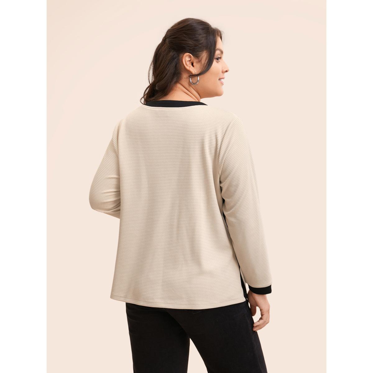 Plus Size Notched Rib Knit Contrast Trim Sweatshirt Women Apricot Casual Texture Flat collar with V-notch Everyday Sweatshirts BloomChic 26/4X Product Image