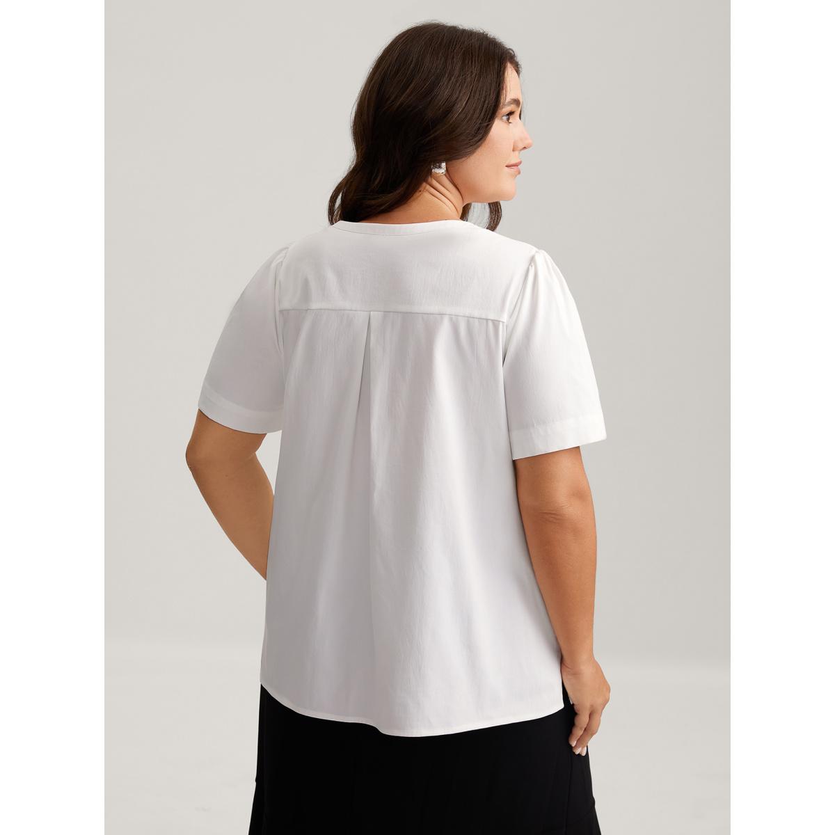 Plus Size Ivory Toothpick Pleats Notched Collar Solid Blouse Women Office Short sleeve Notched collar Office Blouses BloomChic 22-24/3X Product Image