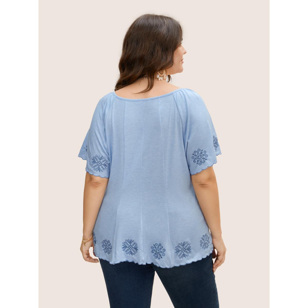 Plus Size Bandana Floral Embroidered Ruffle Sleeve T-shirt LightBlue Women Resort Embroidered Heart neckline Vacation T-shirts BloomChic 22-24/3X Product Image