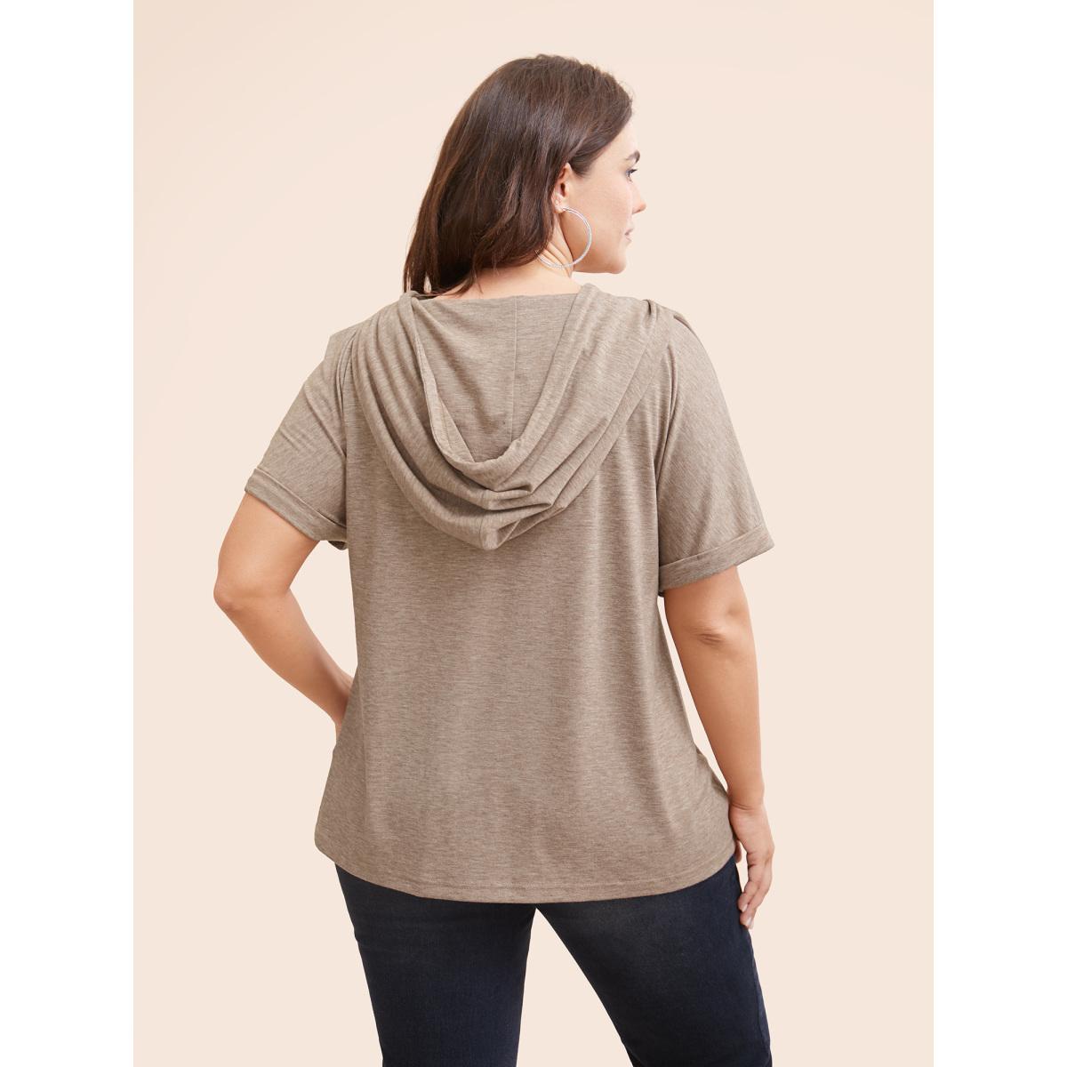 Plus Size Plain Drawstring Roll Sleeve Button Up Hooded T-shirt DarkBrown Women Casual Drawstring Plain Hooded Everyday T-shirts BloomChic 12/L Product Image