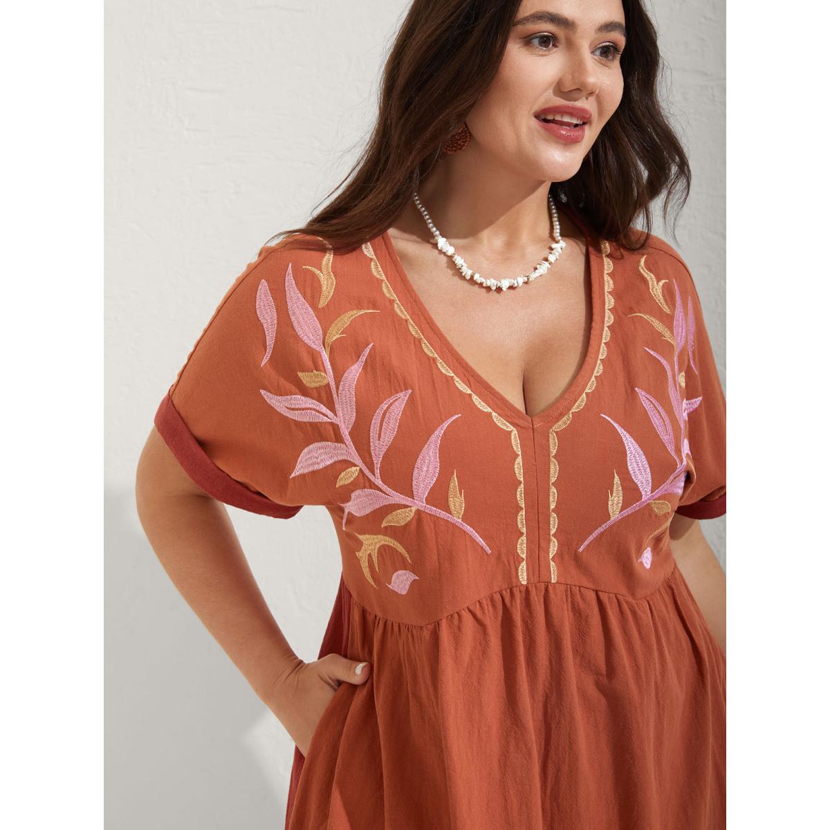 Plus Size Cotton Leafy Embroidery Color Contrast Midi Dress OrangeRed Women Boho V-neck Short sleeve Curvy BloomChic 14-16/1X Product Image