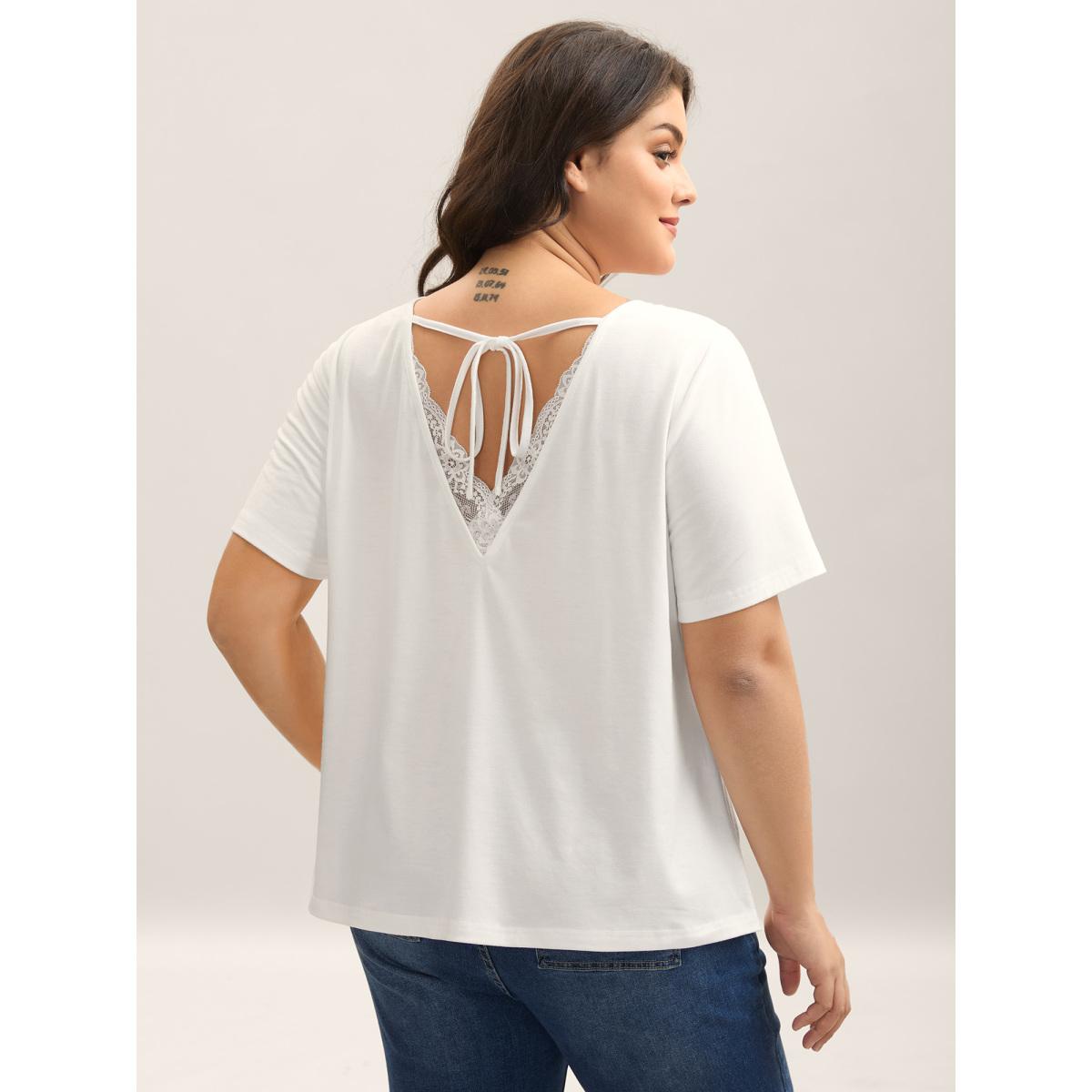 Plus Size Lace Trim Backless Plain T-Shirt Originalwhite Women Woven ribbon&lace trim Round Neck Everyday-Casual T-shirts BloomChic 26/4X Product Image