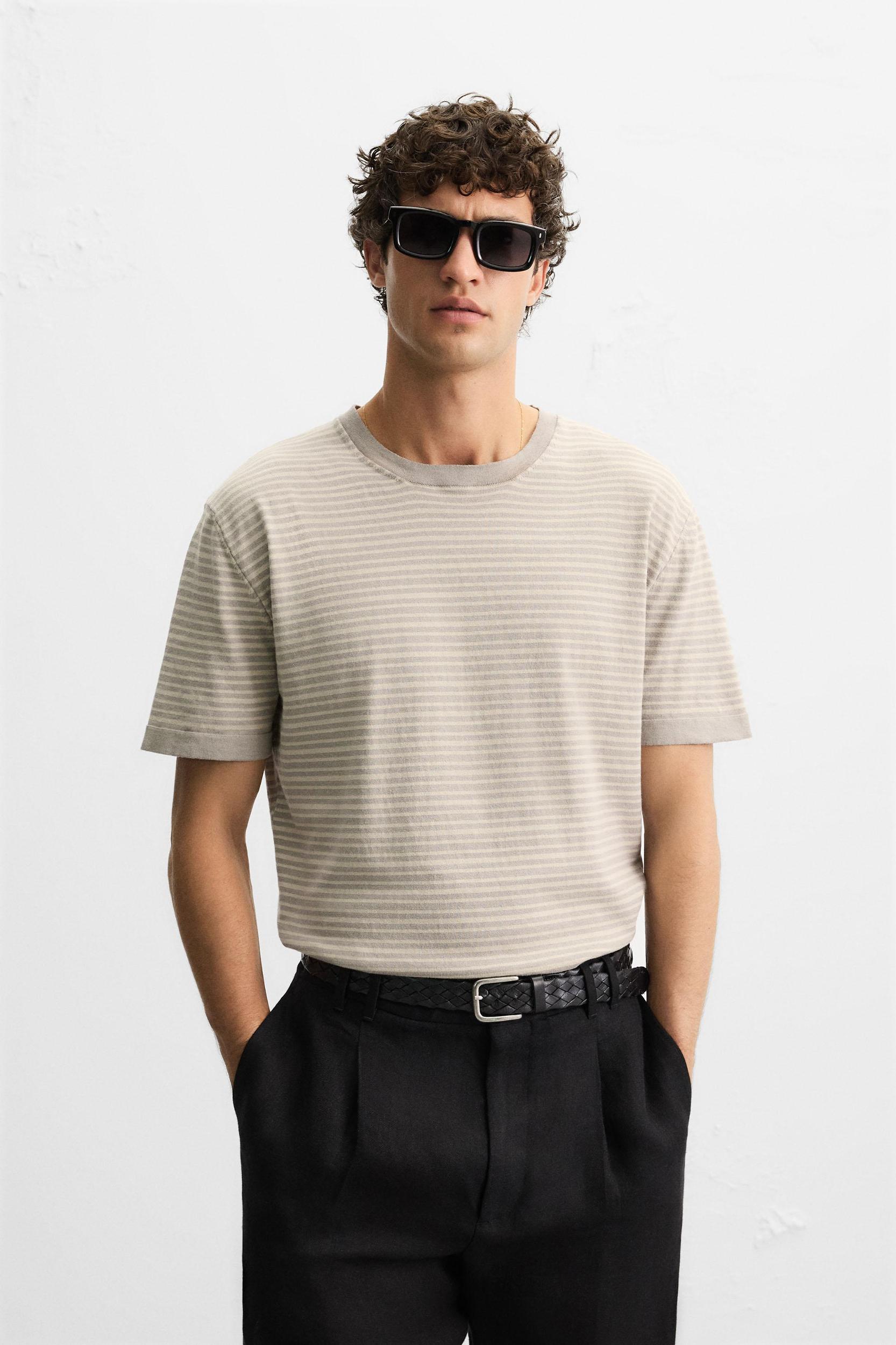 STRIPED COTTON LINEN KNIT T-SHIRT Product Image