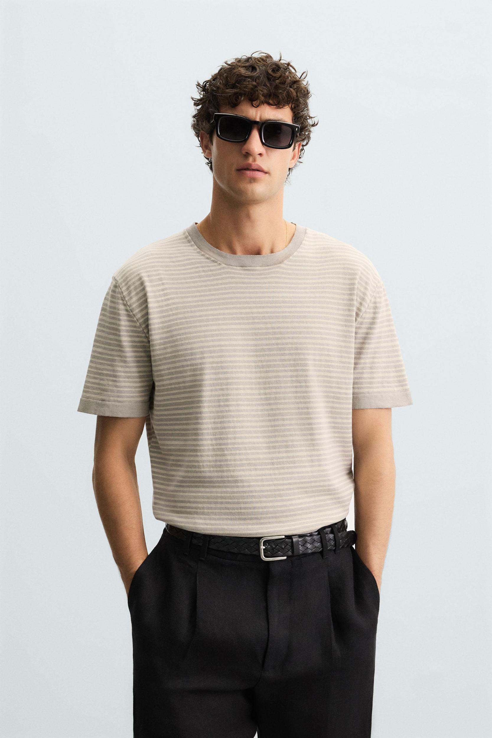STRIPED COTTON LINEN KNIT T-SHIRT Product Image