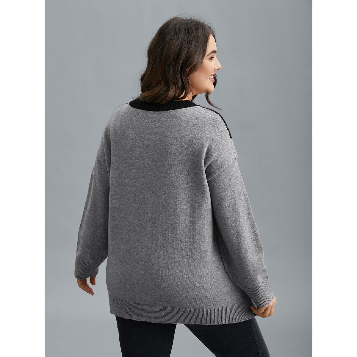 Plus Size Cat Print Color Block Round Neck Pullover DarkGray Women Casual Loose Long Sleeve Round Neck Everyday Pullovers BloomChic 22-24/3X Product Image