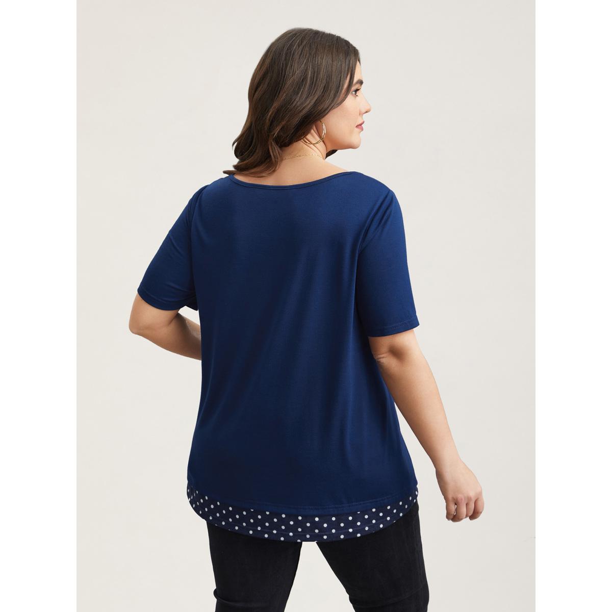 Plus Size Mixed Fabric Polka Dots Patchwork T-Shirt Indigo Women Casual Contrast Round Neck Everyday T-shirts BloomChic 30/6X Product Image