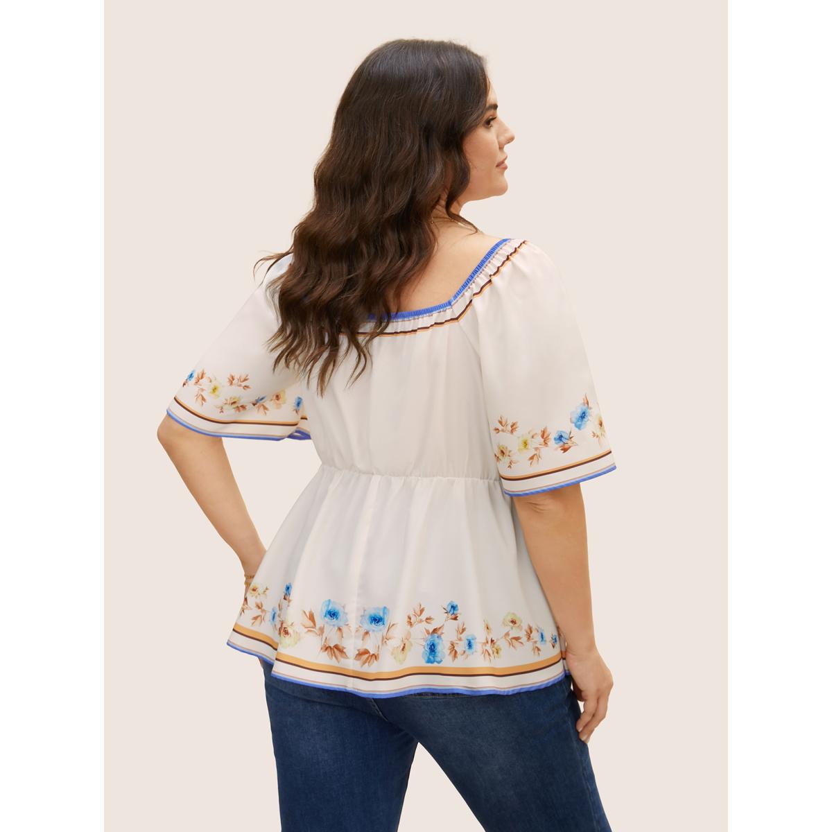 Plus Size Multicolor Heart Neckline Boho Print Drawstring Blouse Women Elegant Short sleeve Heart neckline Everyday Blouses BloomChic 10/M Product Image
