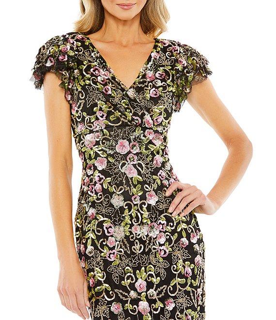 Mac Duggal Sequin Embroidered Surplice V-Neck Flutter Cap Sleeve Midi Sheath Dress Product Image