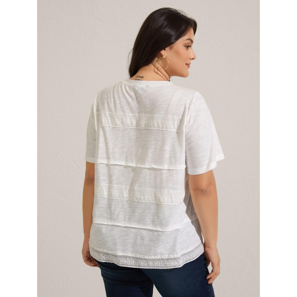Plus Size Cotton Lace Trim Sheer Solid T-Shirt Originalwhite Women Boho Tucked seam Round Neck Vacation T-shirts BloomChic 22-24/3X Product Image