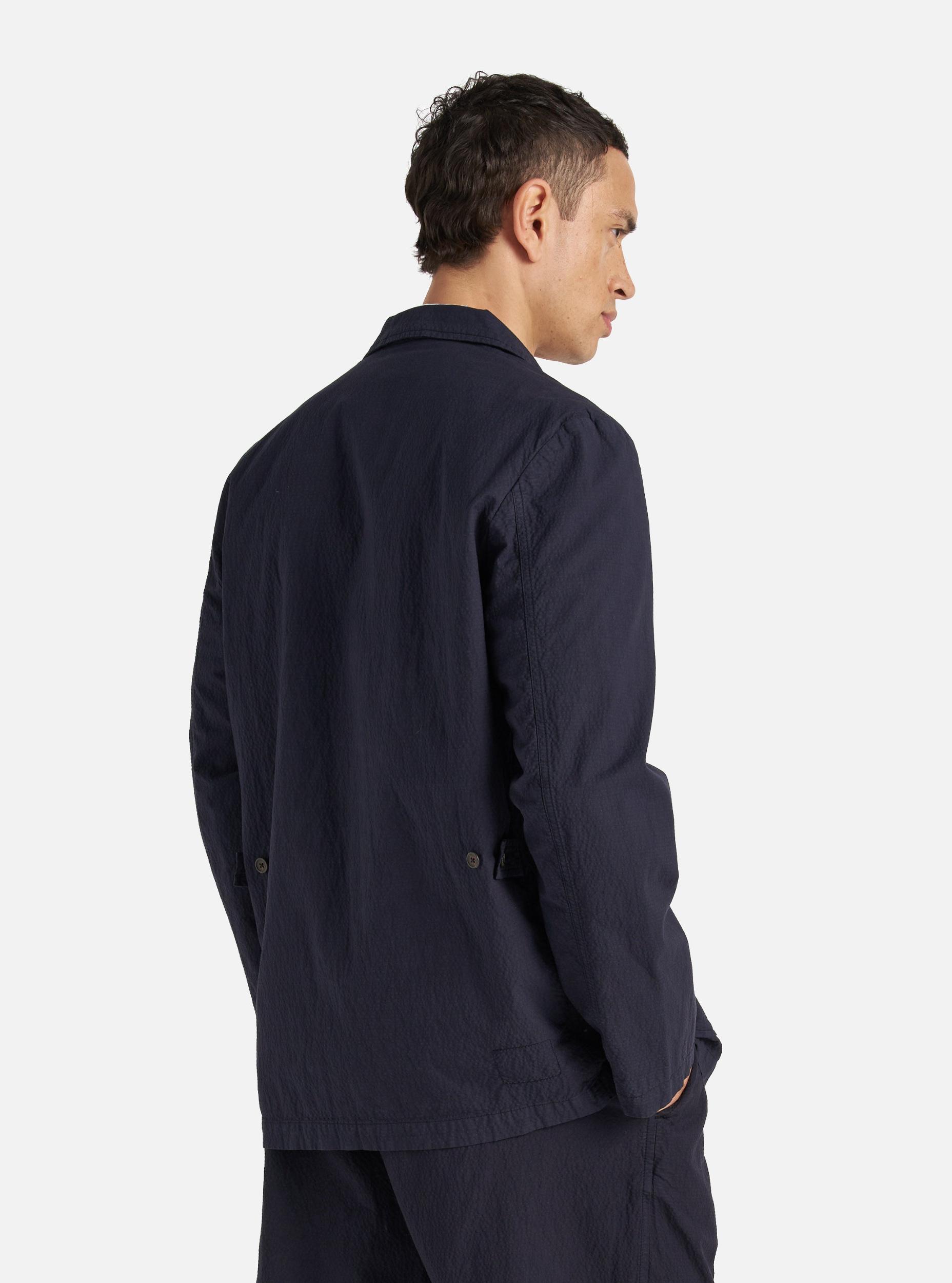 Universal Works Five Pocket Jacket in Navy Seersucker II Product Image