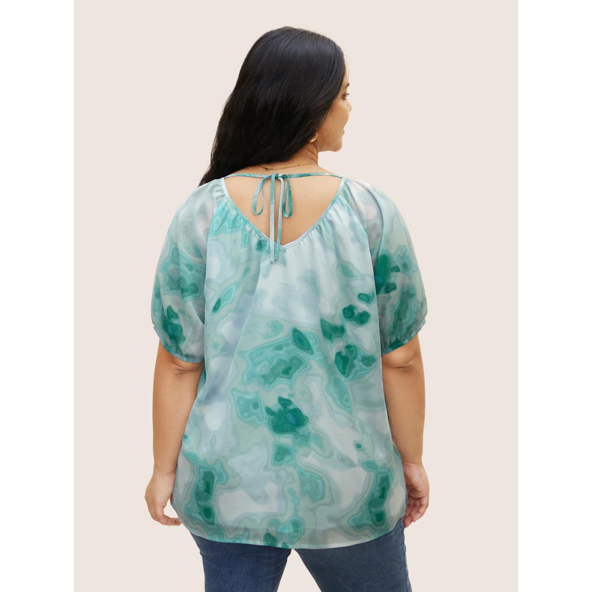 Plus Size Turquoise Synthetic Texture Raglan Sleeve Gathered Blouse Women Elegant Short sleeve V-neck Everyday Blouses BloomChic 10/M Product Image