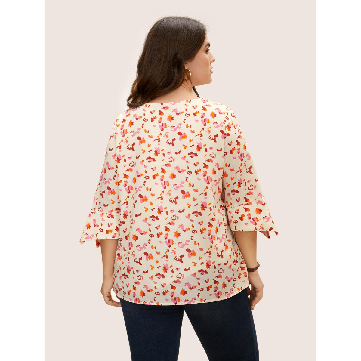 Plus Size Multicolor Allover Print Ruffle Sleeve Keyhole Blouse Women At the Office Elbow-length sleeve Round Neck Office Blouses BloomChic 28/5X Product Image