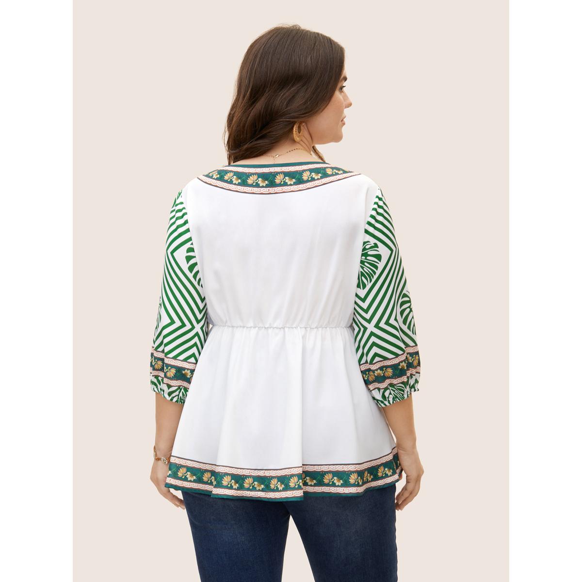 Plus Size Moss Boho Coconut Tree Print Lantern Sleeve Blouse Women Resort Elbow-length sleeve V-neck Vacation Blouses BloomChic 14-16/1X Product Image