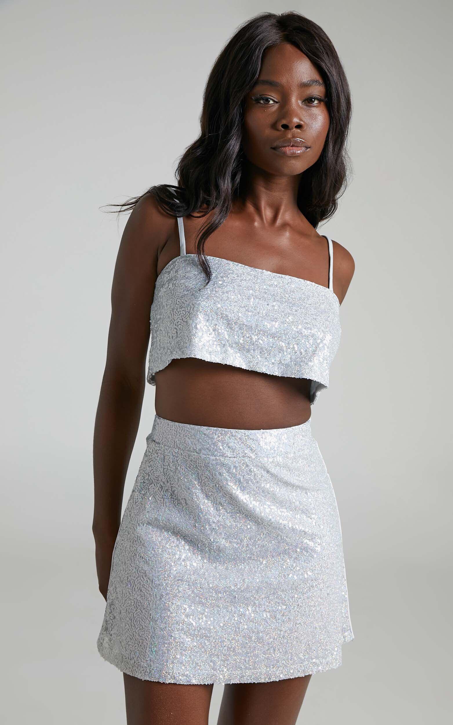 Elswyth Top - Strappy Sequin Crop Cami Top in Silver Product Image