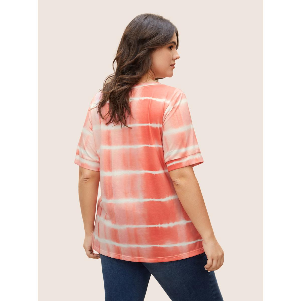 Plus Size V Neck Tie Dye Striped T-shirt Salmon Women Casual Contrast V-neck Everyday T-shirts BloomChic 30/6X Product Image