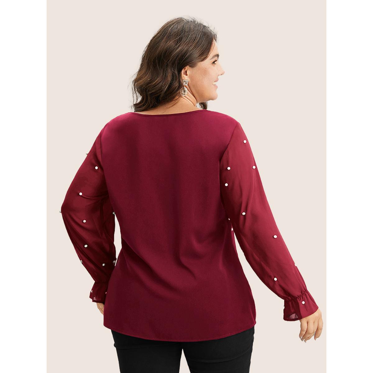 Plus Size Scarlet Pearl Beaded Mesh Patchwork Ruffles Blouse Women Timeless Long Sleeve V-neck Elegant Blouses BloomChic 12/L Product Image