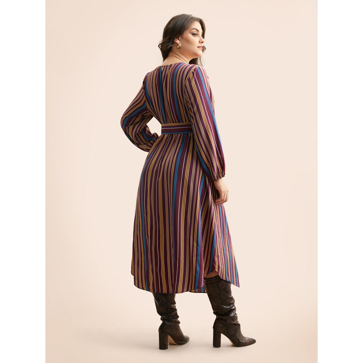 Plus Size Round Neck Contrast Striped Belted Dress Deeppurplered Women At the Office Belted Round Neck Long Sleeve Curvy BloomChic 28/5X Product Image