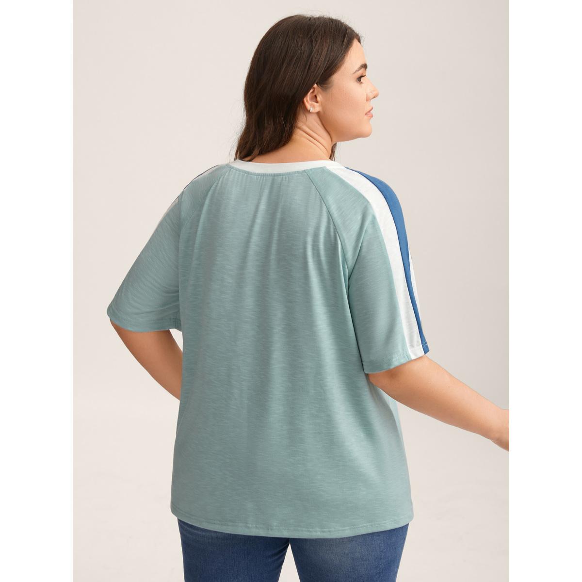 Plus Size Color Block Shoulder Flowy T-Shirt Mint Women Leisure Contrast Round Neck Casual T-shirts BloomChic 18-20/2X Product Image