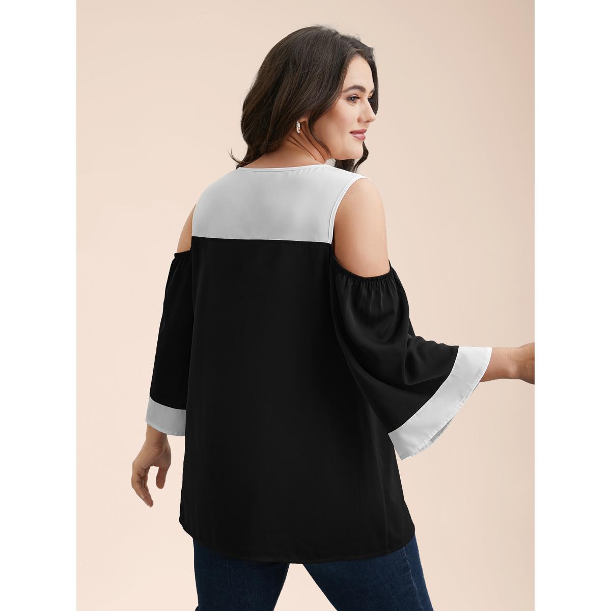 Plus Size Black Color-Block Off-Shoulder Pleated Blouse Women Elegant Elbow-length sleeve Round Neck Everyday Blouses BloomChic 26/4X Product Image