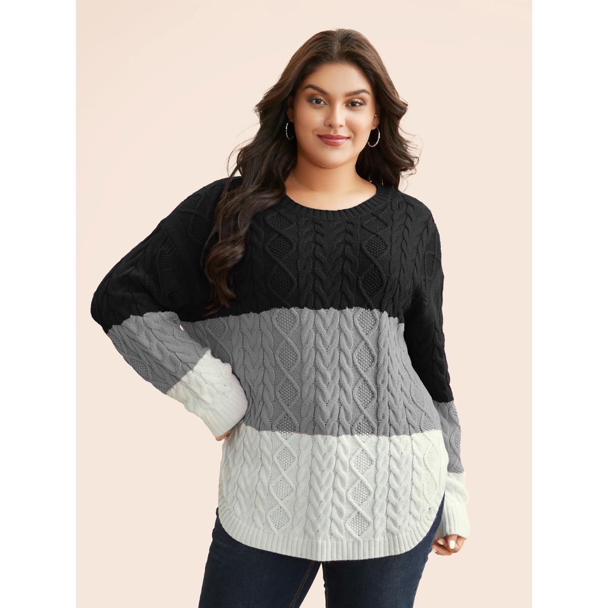 Plus Size Contrast Cable Knit Arc Hem Pullover Black Women Casual Loose Long Sleeve Round Neck Everyday Pullovers BloomChic 18-20/2X Product Image