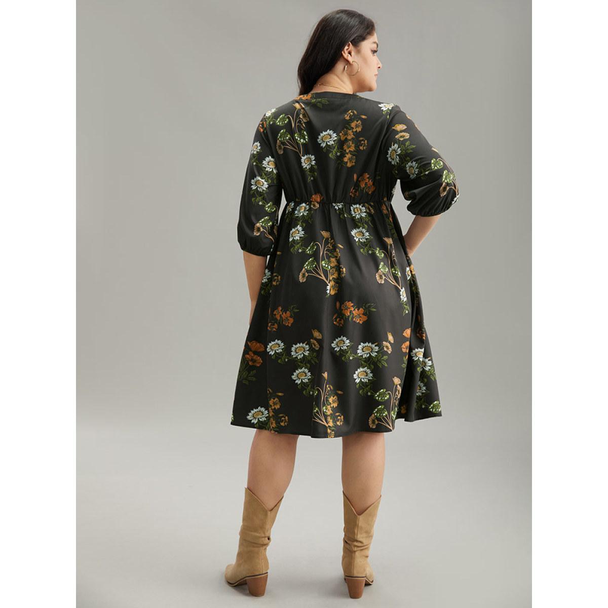 Plus Size Floral Tassel Trim Gathered Knot Neck Dress Black Women Vacation Elastic cuffs Tie Neck Elbow-length sleeve Curvy Knee Dress BloomChic 30/6X Product Image