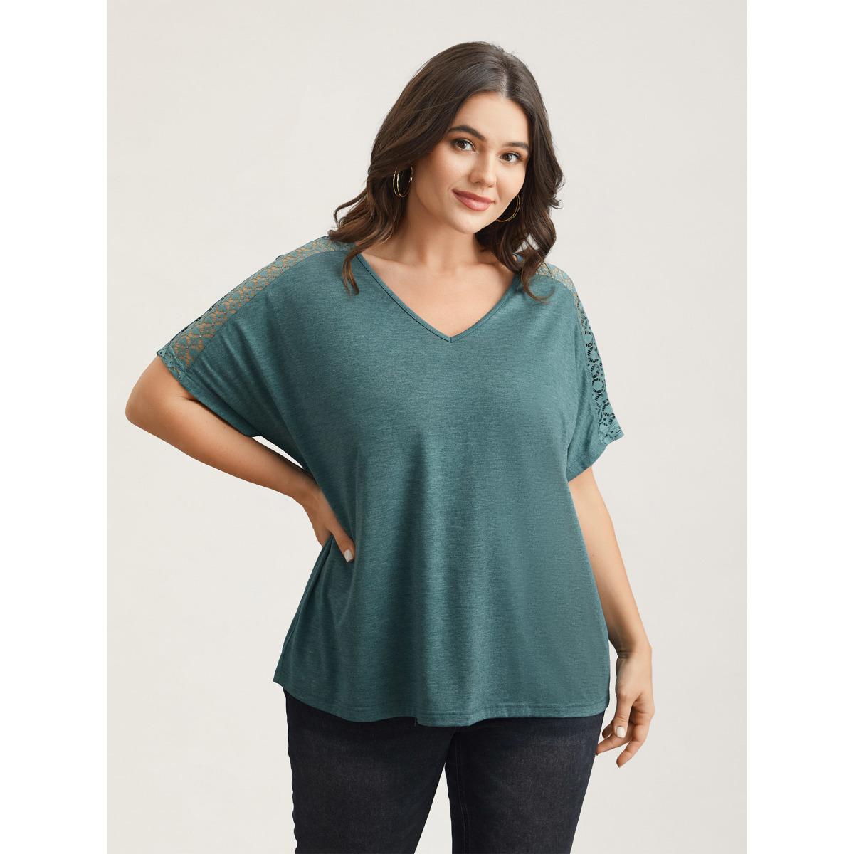 Plus Size Lace Sleeve V-Neck T-Shirt Cyan Women Casual See through V-neck Everyday T-shirts BloomChic 22-24/3X Product Image