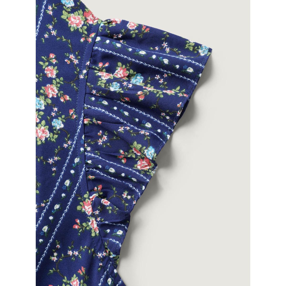 Plus Size DarkBlue Floral Stripes Flutter Sleeve Blouse Women Timeless Cap Sleeve Flat collar with V-notch Elegant Blouses BloomChic 18-20/2X Product Image