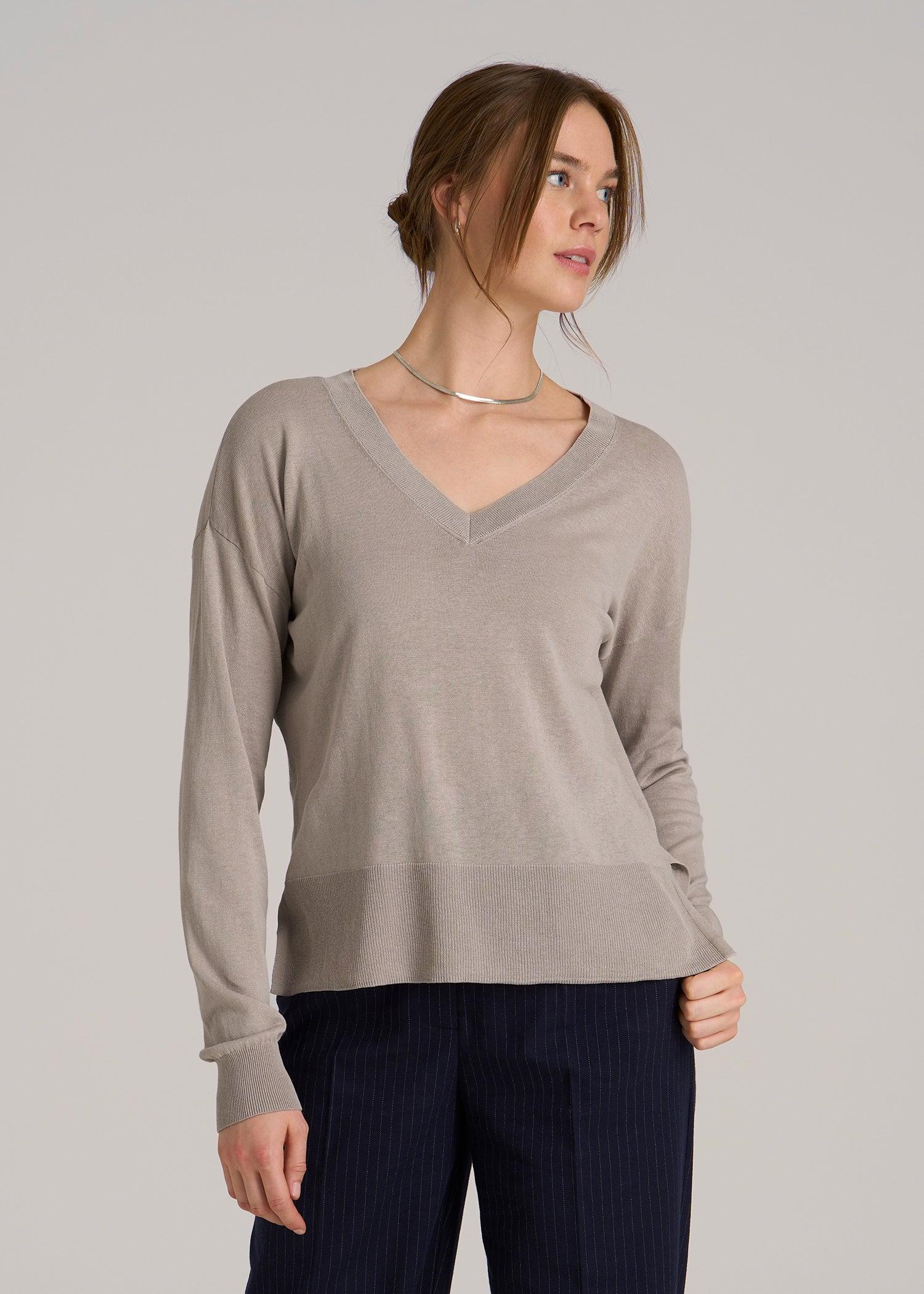Linen Blend Split Hem V-Neck Sweater for Tall Women in Atmosphere Female Product Image