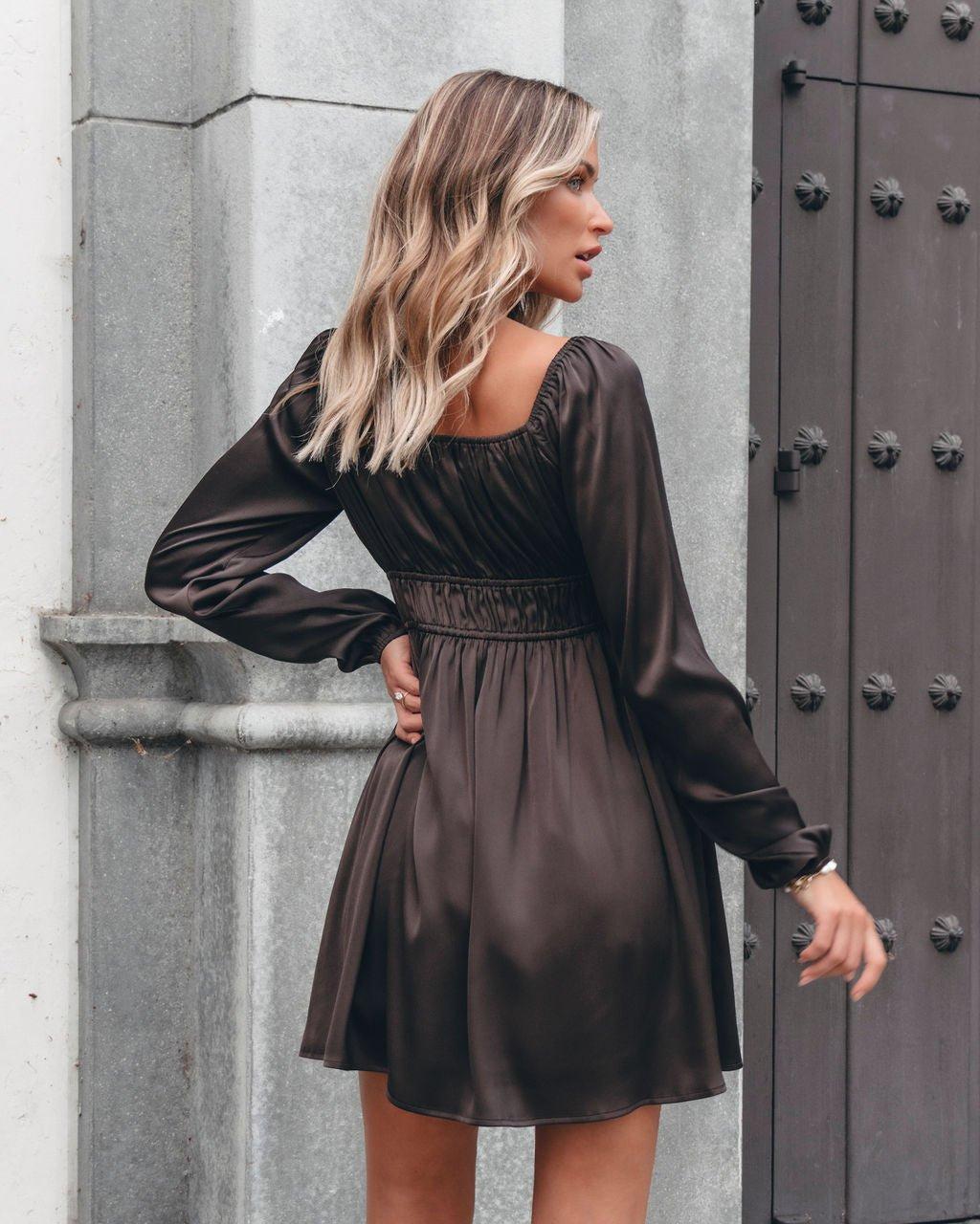 Autumn Soiree V Neck Mini Dress - Dark Brown Product Image