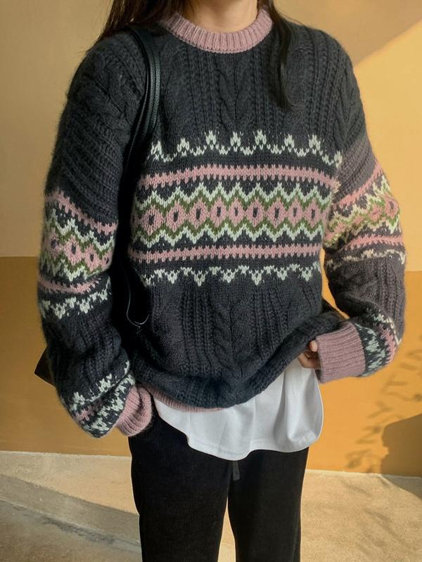 Vintage Jacquard Cable Knit Pullover Sweater Product Image