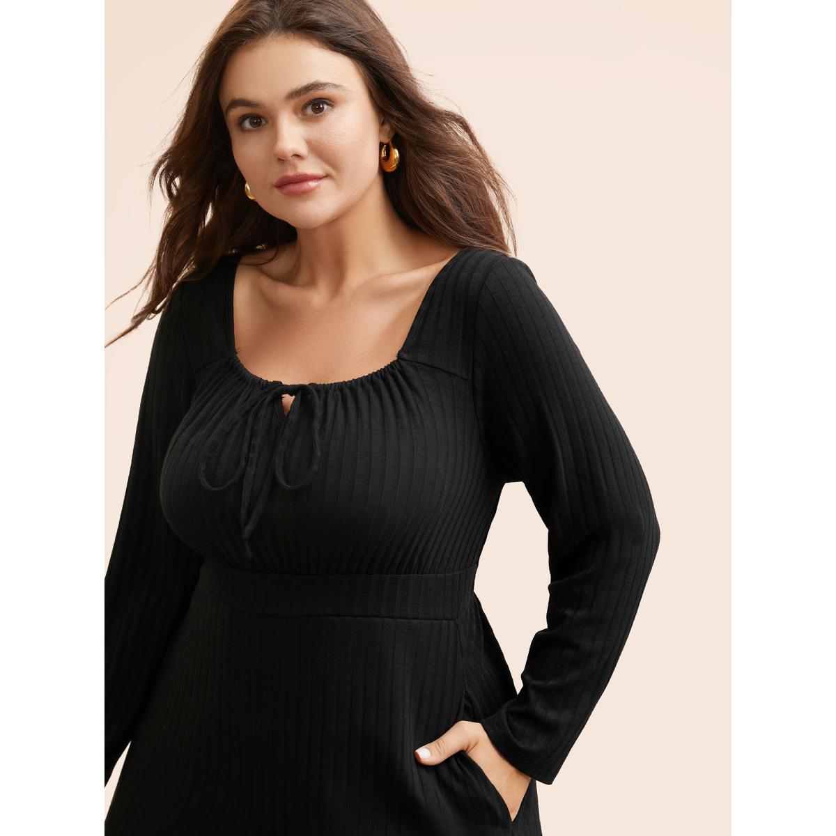 Plus Size Square Neck Rib Knit Drawstring Dress Black Women Elegant Texture Square Neck Long Sleeve Curvy BloomChic 22-24/3X Product Image