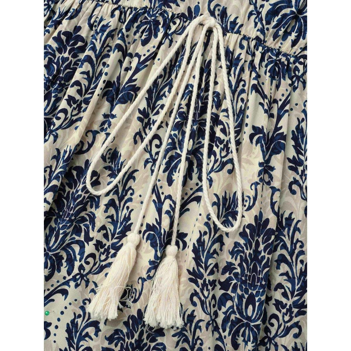 Plus Size Boho Print Notched Tie Knot Maxi Dress DarkBlue Women Boho Tie knot Flat collar with V-notch Long Sleeve Curvy BloomChic 30/6X Product Image